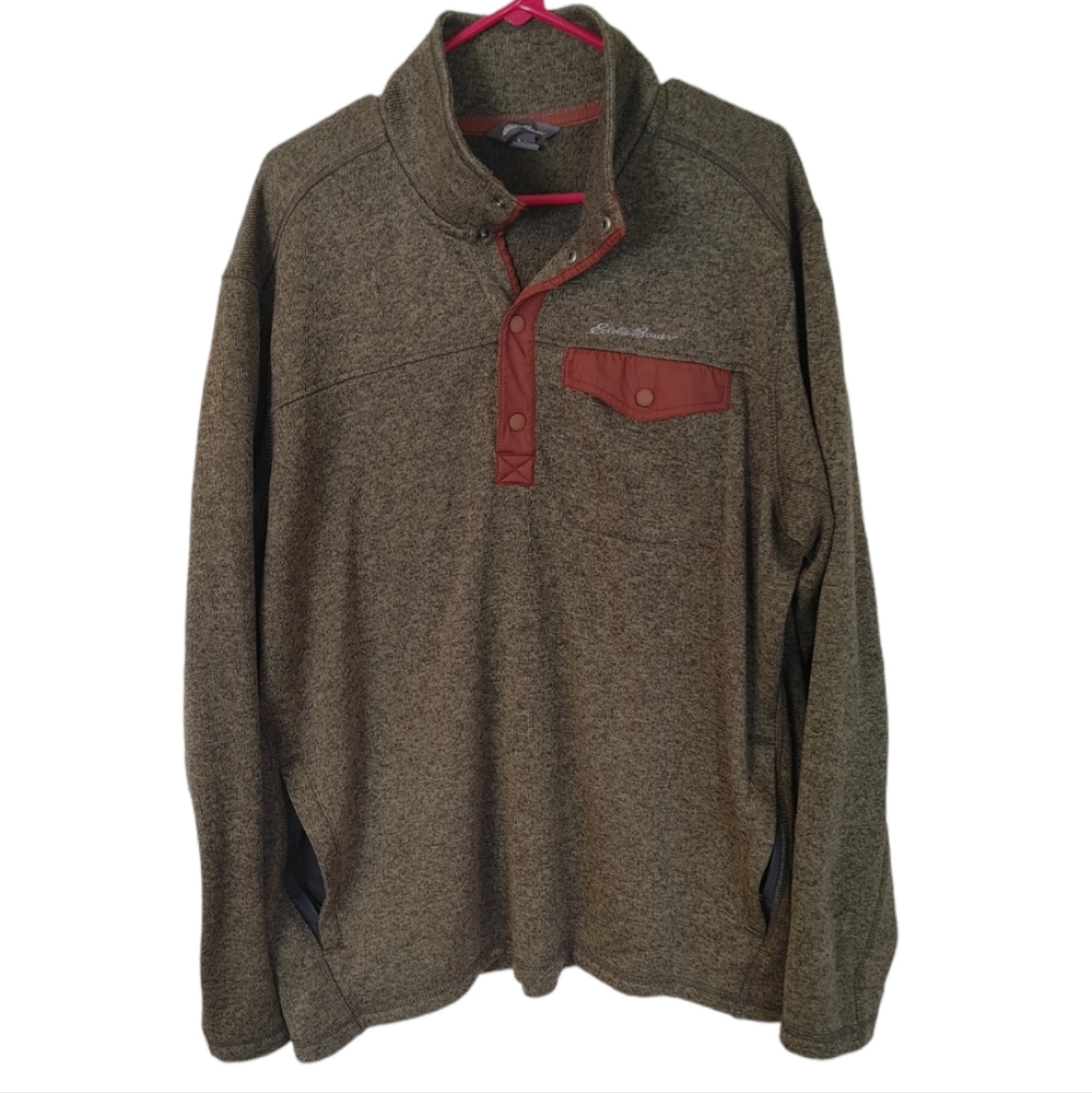 Eddie Bauer Men's XL Pullover Sweater Fleece 3 Button Quarter Snap Green Rust